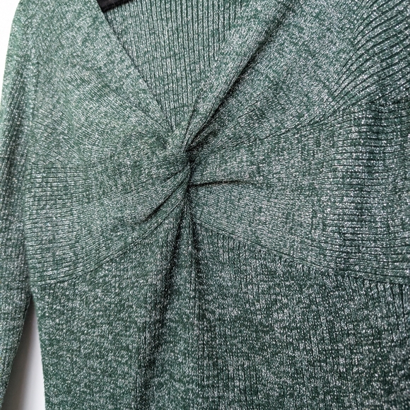 Metallic Green Silver Twist Front V Neck Rib Knit Long Sleeve Stretch Blouse - Picture 6 of 15